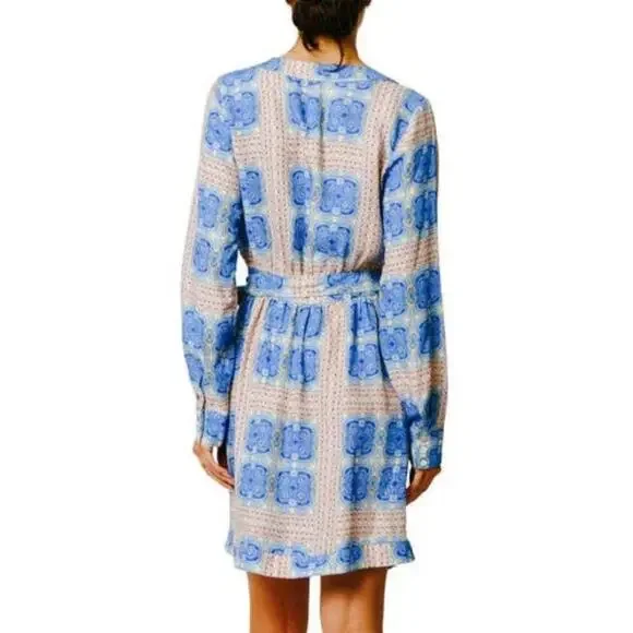 Ciebon Rachelle Blue Multi Print V-neck Long Sleeve Mini Wrap Dress - Picture 2 of 16